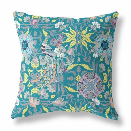 PALACEDESIGNS 26 in. Peacock Indoor & Outdoor Zip Throw Pillow Green Teal & Yellow PA3103595